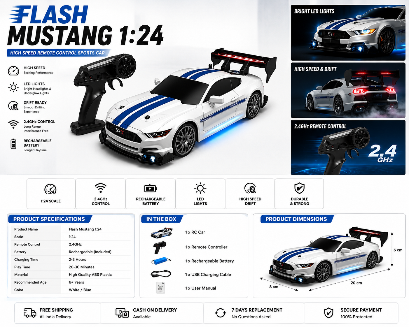 Flash Mustang 1:24 RC Sports Car with LED Lights | 2.4GHz Remote Control | Rechargeable Battery | High Speed Drift Car